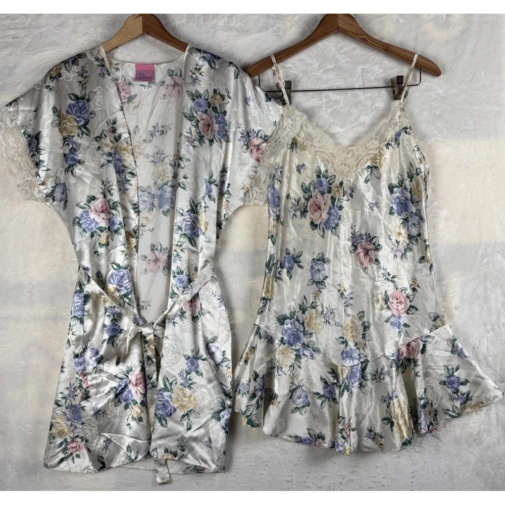 VTG Sleep Solutions Womens Small Kimono Robe & Nightgown Cream Floral Made USA